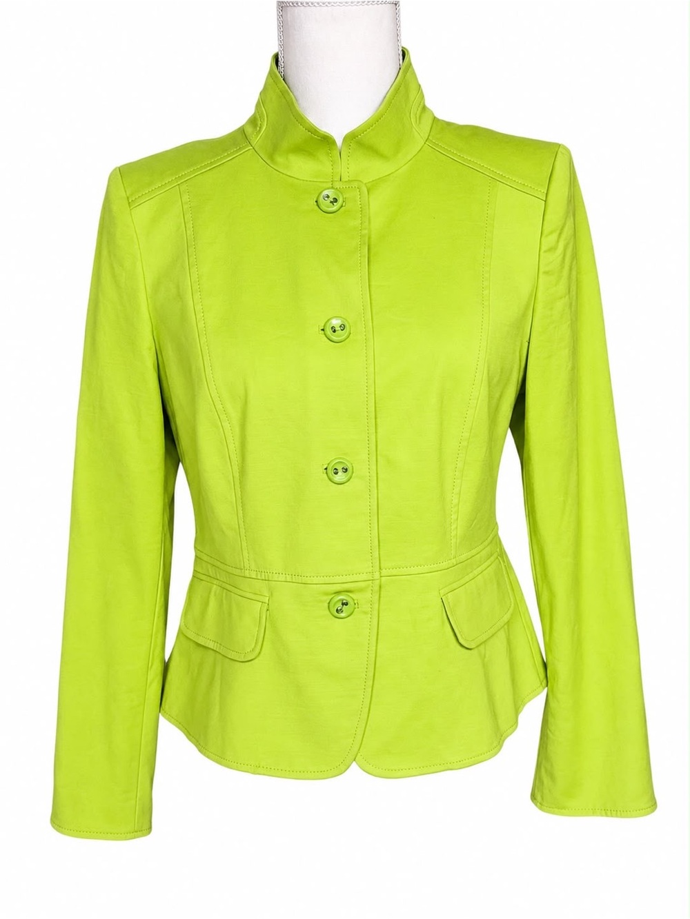 Ellen Tracy Bright Lime Green Peplum Button-Front Blazer